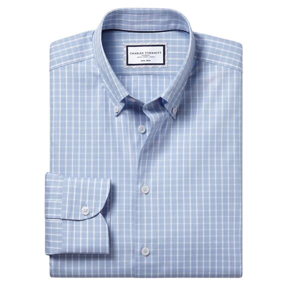 Charles Tyrwhitt Non-Iron Stretch Windowpane Check Shirt in Sky, Size 17/37